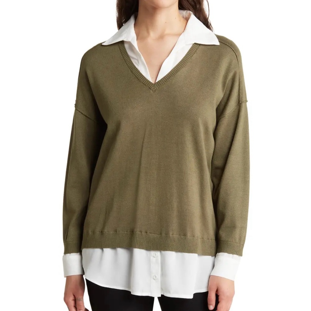 Adrianna Papell Layered Twofer Sweater Olive Green V Neck Collared Shirt Large